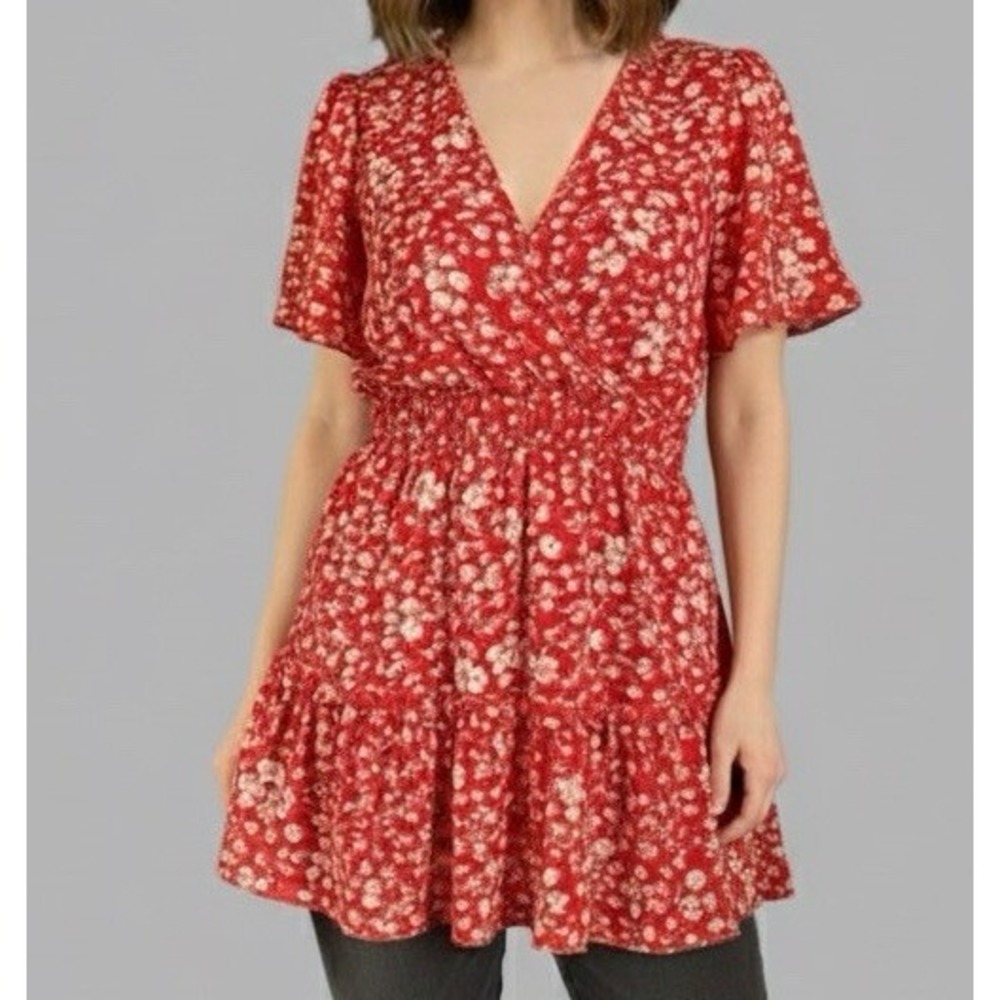 Womens Red Floral Print Smocked Waist Tiered Mini Dress Flutter Sleeve V Neck